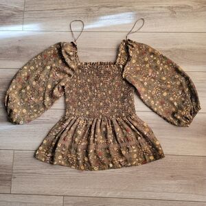 Romantic Smocked Floral Peasant Blouse Olive Green